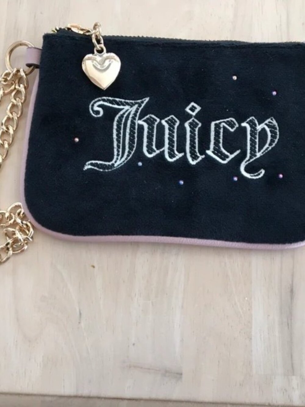 Juicy Couture Black and Pink Velvet Wristlet Clutch with Gold Chain